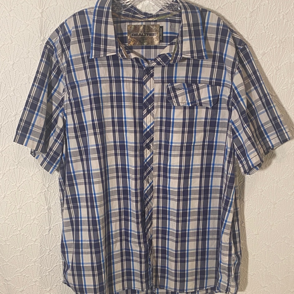 REALTREE Men's Casual Blue and White Plaid Shirt SIZE XXL BBQ DADCORE. Boating